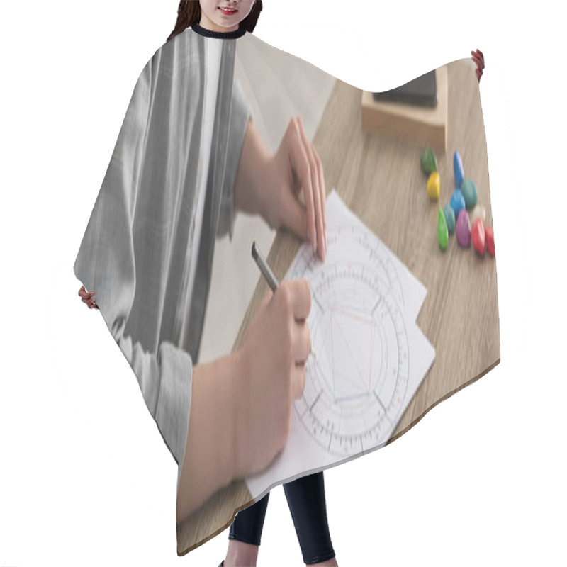 Personality  Cropped View Of Astrologer Drawing Natal Chart By Cards With Zodiac Signs On Table, Panoramic Shot Hair Cutting Cape