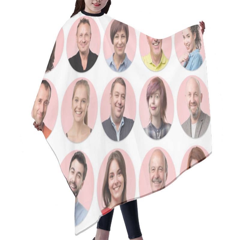 Personality  Collection Of Circle Avatar Of People. Young And Senior Men And Women Faces On Pink Color. Hair Cutting Cape