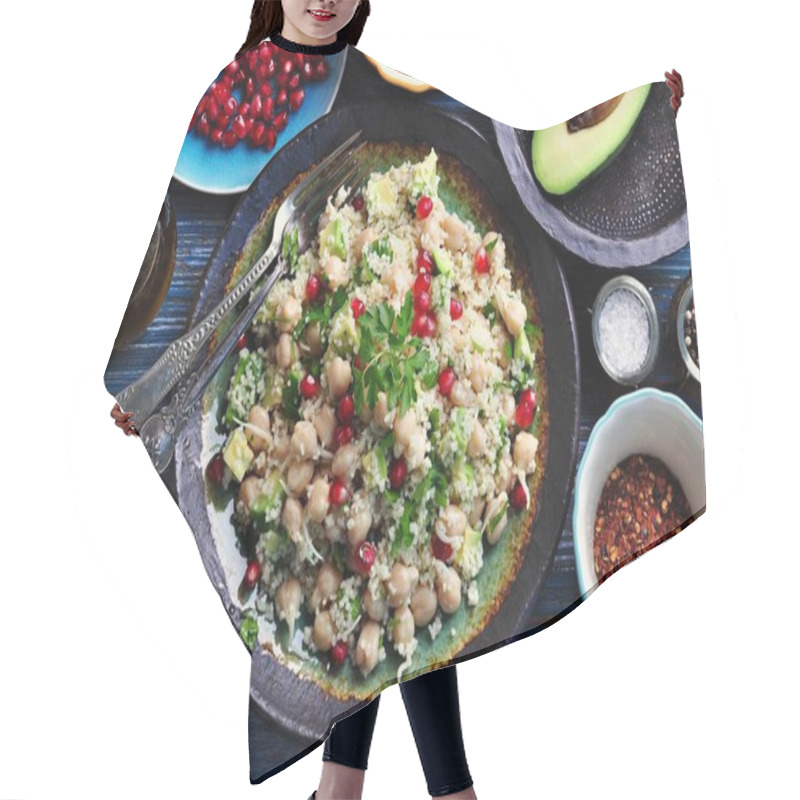 Personality  Salad Of Sprouted Chickpeas With Couscous, Avocado, Parsley, Olive Oil And Pomegranate Hair Cutting Cape