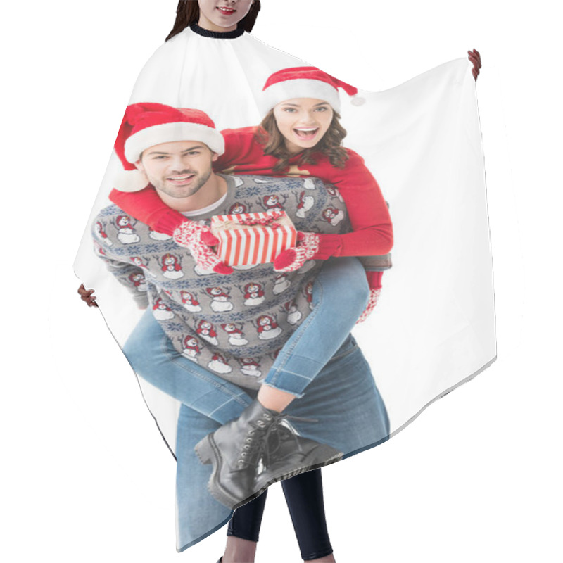 Personality  Young Couple In Santa Hats Hair Cutting Cape