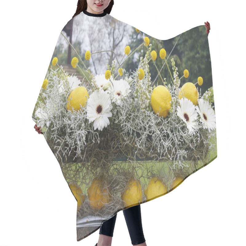 Personality  Modern Floral Arrangement With White Gerbera Flowers And Lemon F Hair Cutting Cape