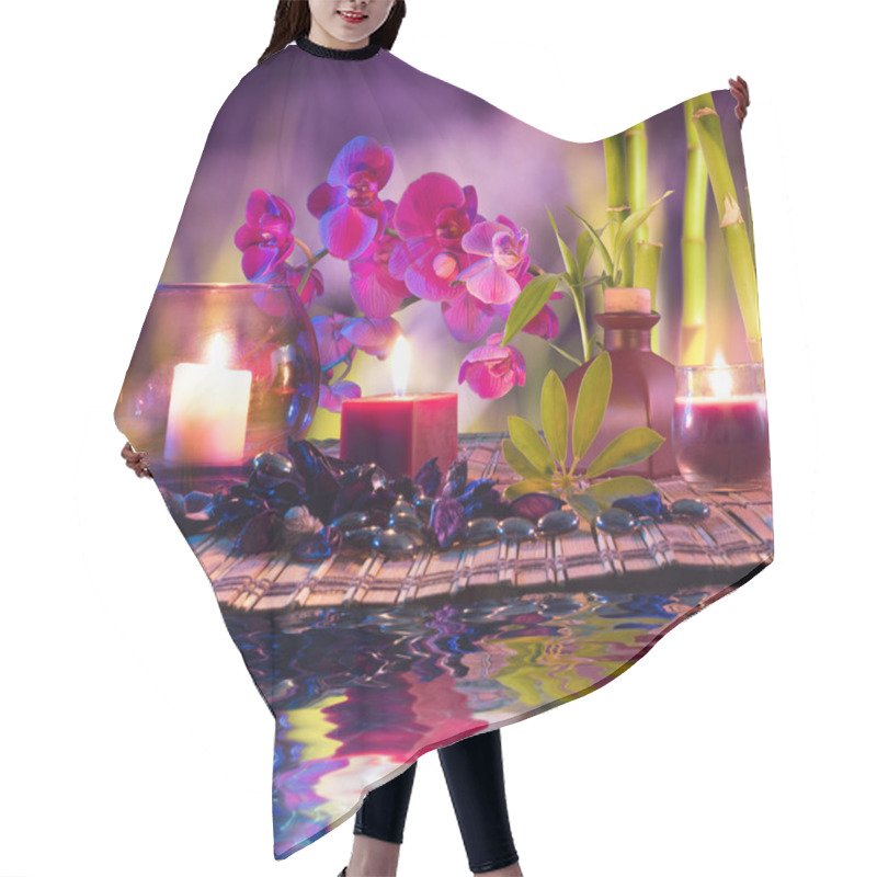 Personality  Violet Composition - Candles, Oil, Orchids And Bamboo On Water Hair Cutting Cape