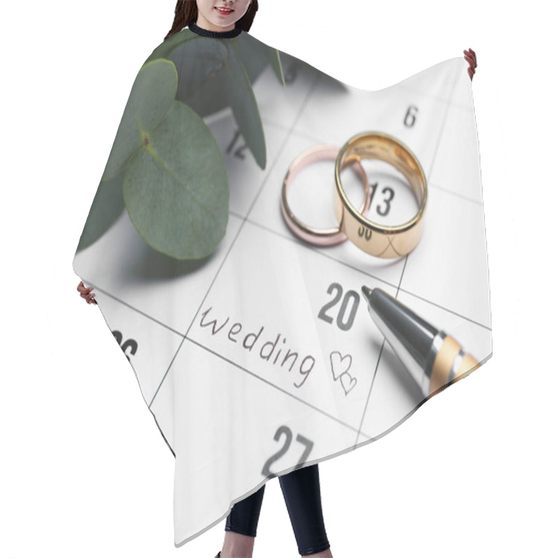 Personality  Calendar With Date Reminder About Wedding Day, Pen And Rings, Closeup Hair Cutting Cape