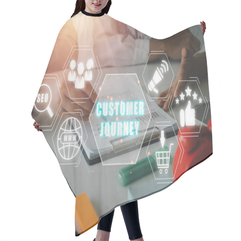 Personality  Customer Journey Concept, Business Team Analyzing Income Charts And Graphs On Office Desk With Customer Journey Icon On Virtual Screen. Hair Cutting Cape