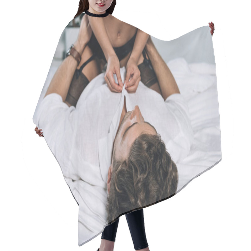 Personality  Cropped View Of Woman In Black Lingerie Unbuttoning Shirt Of Man Lying On Bed Hair Cutting Cape