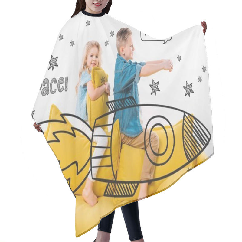 Personality  Brother And Sister Riding Drawn Rocket In Space While Sitting On Sofa At Home Hair Cutting Cape