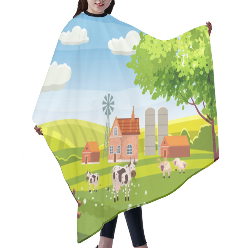 Personality  Rural Farm Countryside Landscape With Green Fields Hills And Farm Village Buildings Animals Cows Sheeps. Vector Illustration Isolated Baner Poster Hair Cutting Cape