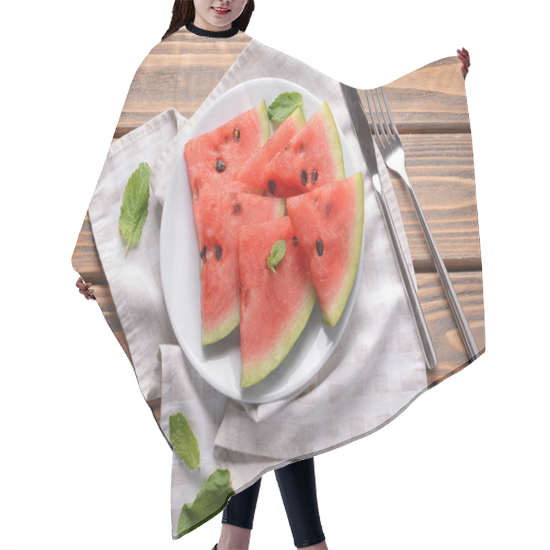 Personality  Plate With Sweet Watermelon Slices On Wooden Table Hair Cutting Cape