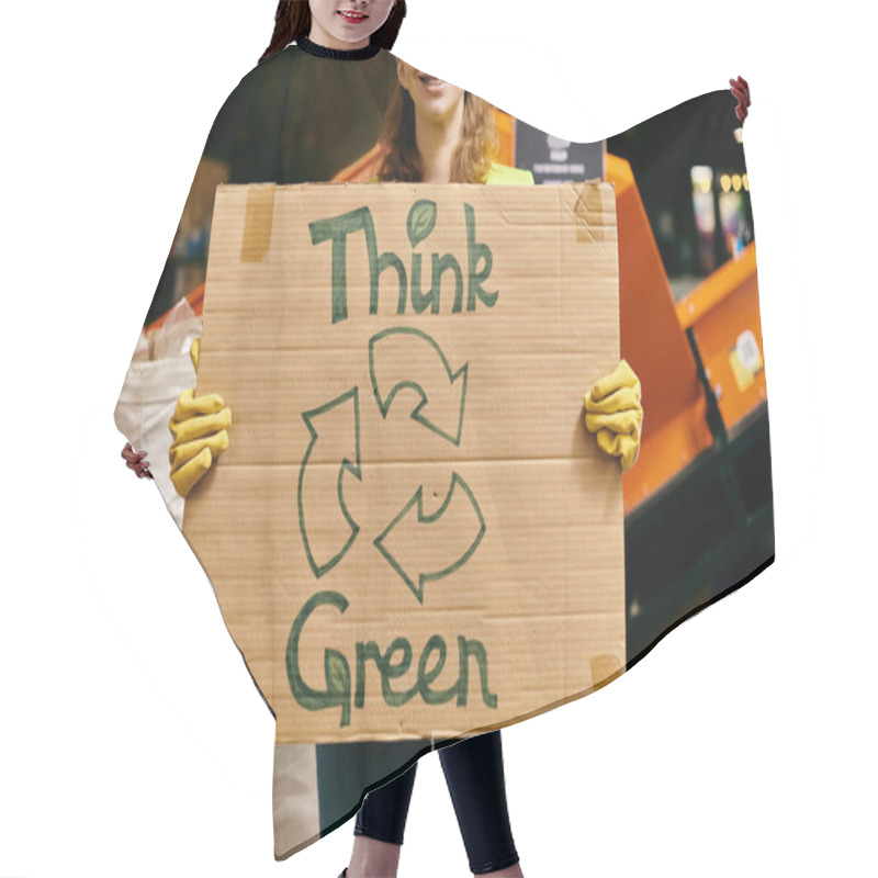 Personality  A Young Volunteer In Gloves And Safety Vest Holds A Sign That Says Think Green While Sorting Waste, Promoting Eco-consciousness. Hair Cutting Cape