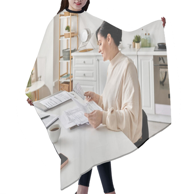 Personality  A Disabled Woman In A Wheelchair, Engrossed In Reading A Paper While Sitting At A Table In Her Kitchen. Hair Cutting Cape