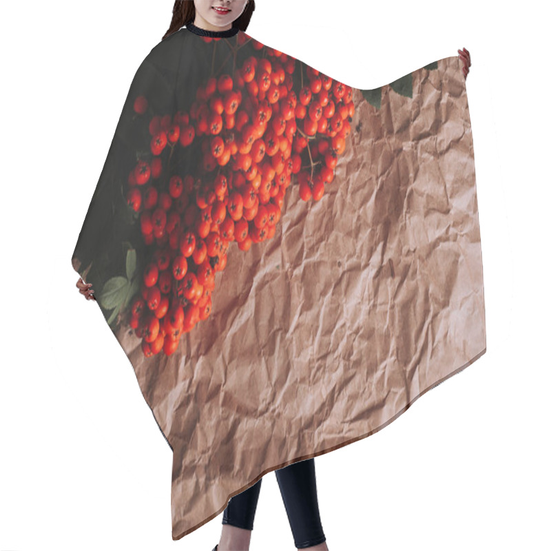 Personality  Studio Shot Of Branches With Orange Rowan Berries On Brown Crumpled Craft Paper, Copy Space Hair Cutting Cape