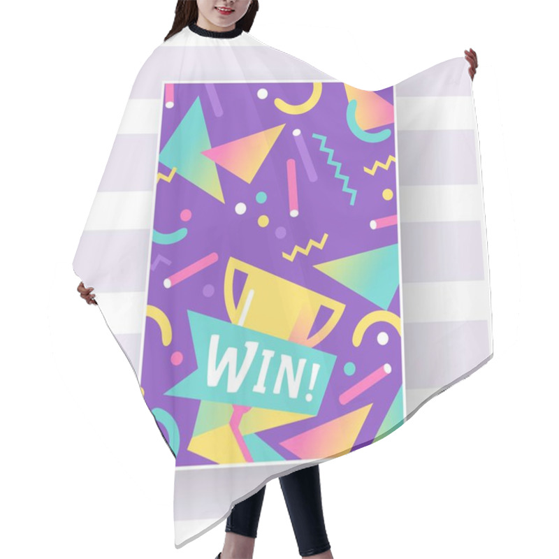 Personality  Win Sign With Bright Lines, Dots And Geometric Shapes Poster, Banner Vector Illustration. Congratulations In Championship. Success Design. First Place. Winning Victory Cup. Hair Cutting Cape