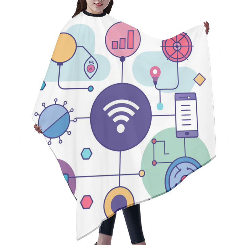 Personality  A Vector Design Showcasing Abstract Icons Representing IoT Sensors, Symbolizing Connectivity, Data Flow, And Smart Technologies. Hair Cutting Cape