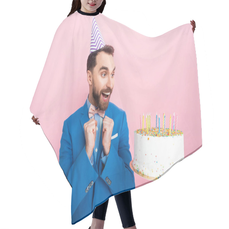 Personality  Cropped View Of Businesswoman Holding Birthday Cake Near Happy Businessman Isolated On Pink  Hair Cutting Cape