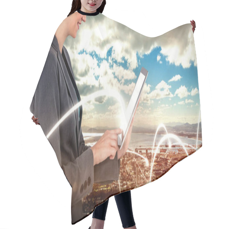 Personality  Happy Businesswoman Using Digital Tablet Hair Cutting Cape