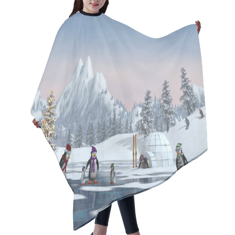 Personality  Penguins In A Snowy Christmas Mountain Landscape, 3d Render Hair Cutting Cape