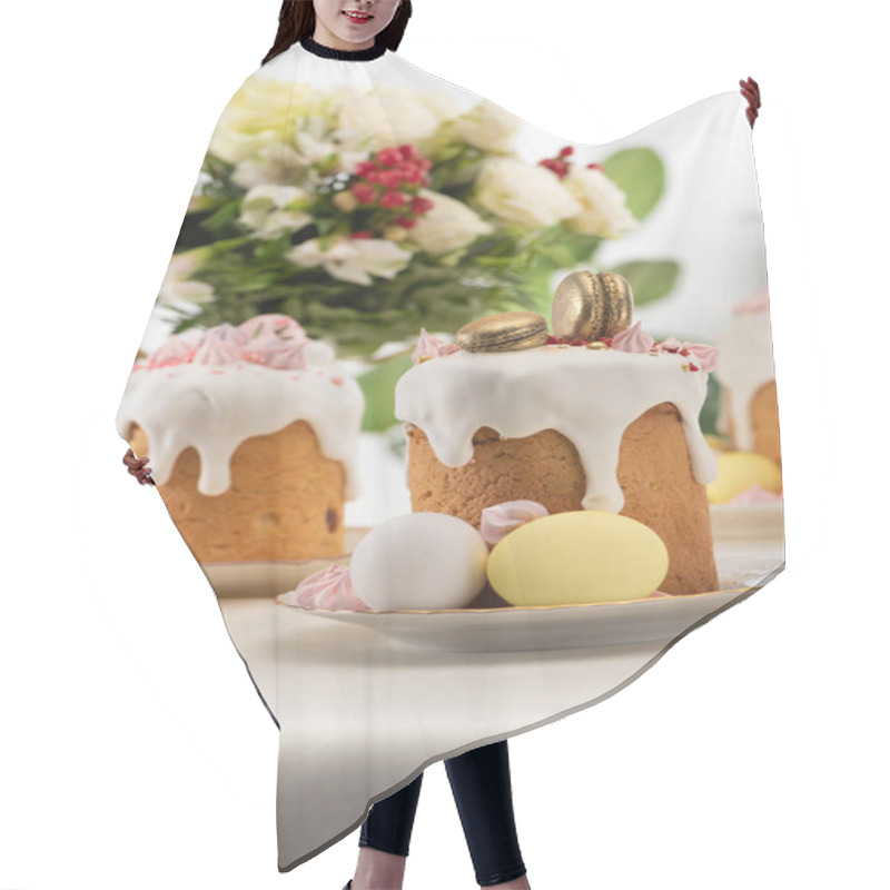 Personality  Selective Focus Of Delicious Easter Cake With Golden French Macaroons And Meringue On Icing Near Floral Bouquet And Eggs Hair Cutting Cape