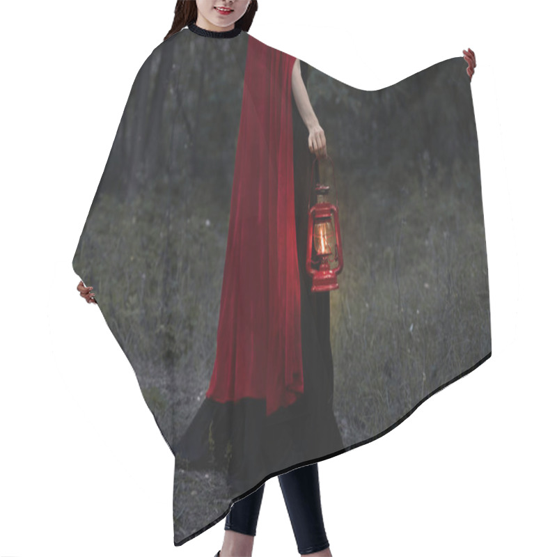 Personality  Cropped View Of Mystic Girl With Kerosene Lamp Walking In Dark Forest  Hair Cutting Cape