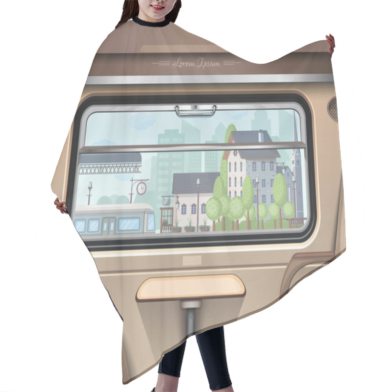 Personality  View Of The Railway Station From The Train Window. Travel And Transportation By Train. Train Journey. Vector Illustration Hair Cutting Cape