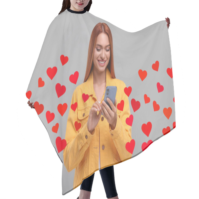 Personality  Long Distance Love. Woman Chatting With Sweetheart Via Smartphone On Grey Background. Hearts Flying Out Of Device And Swirling Around Her Hair Cutting Cape