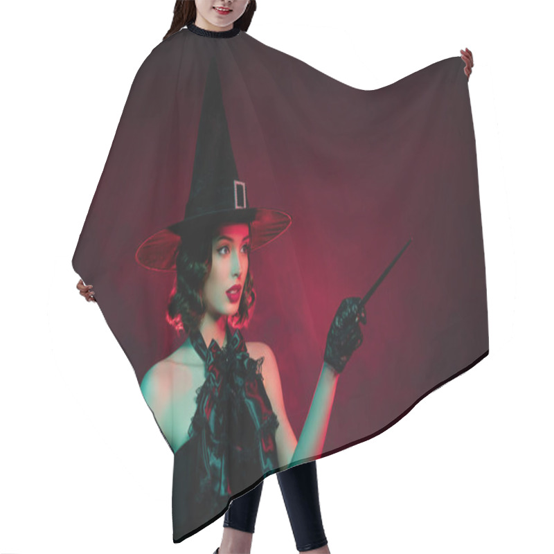 Personality  Photo Of Frightening Mystic Lady Wear Black Dress Point Magic Wand Empty Space Isolated Dark Red Smoke Color Background Hair Cutting Cape