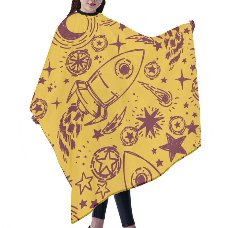 Personality  Seamless Pattern With Sketch Style Stars, Rockets, Comets And Planets Hair Cutting Cape