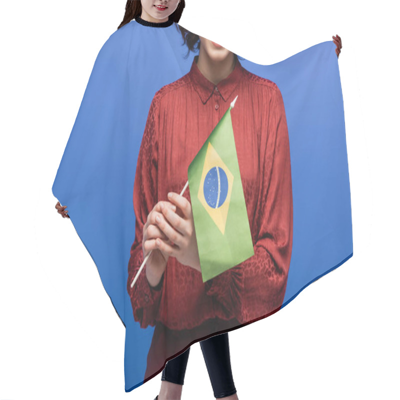 Personality  Cropped View Of Happy Language Teacher Smiling While Holding Flag Of Brazil Isolated On Blue  Hair Cutting Cape