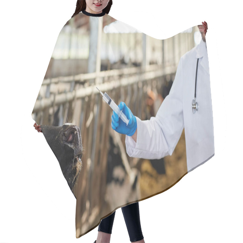 Personality  Veterinarian With Syringe Vaccinating Cows On Farm Hair Cutting Cape