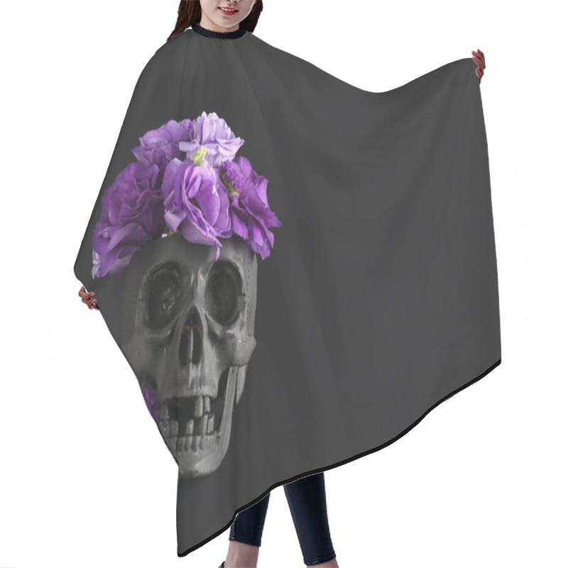 Personality  Human Skull With Beautiful Eustoma Flowers On Black Background Hair Cutting Cape