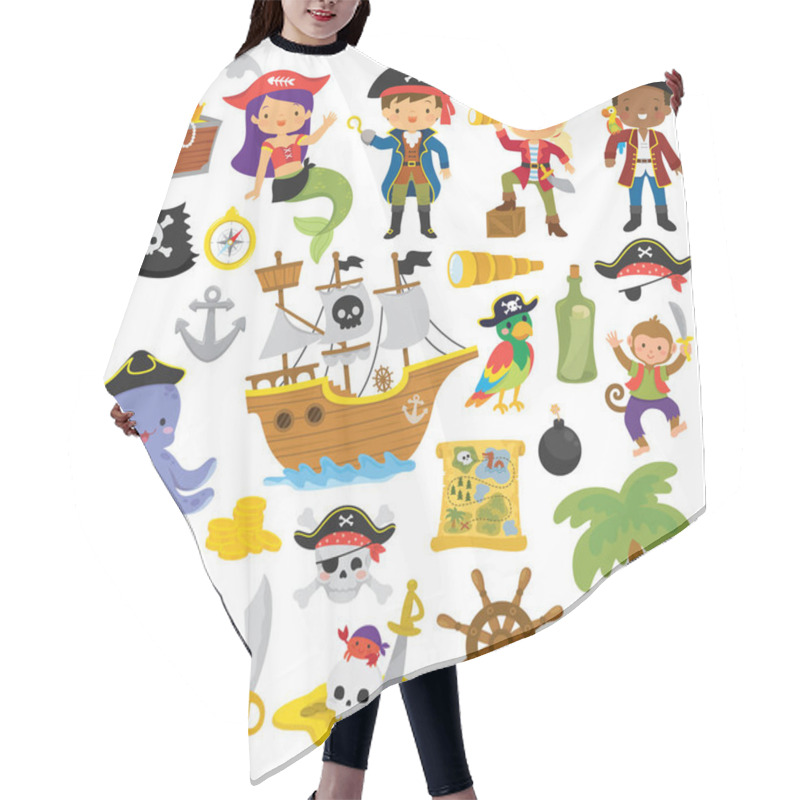 Personality  Pirates Clipart Set With Pirate Kids And Various Pirate Items. Hair Cutting Cape