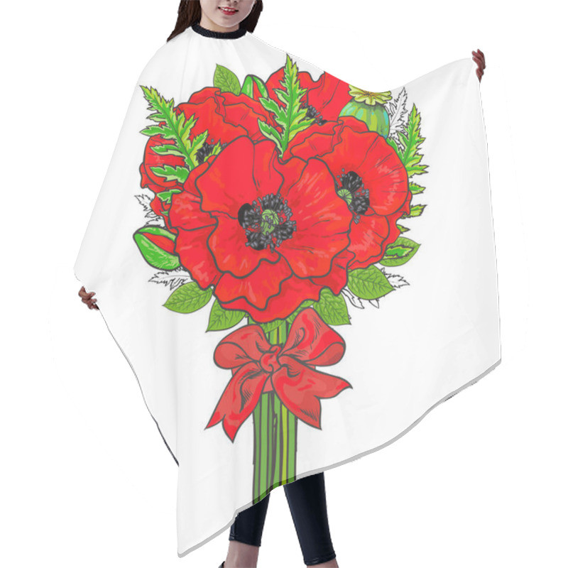 Personality  Big Bunch Of Red Poppy Flowers Tied With Ribbon Hair Cutting Cape