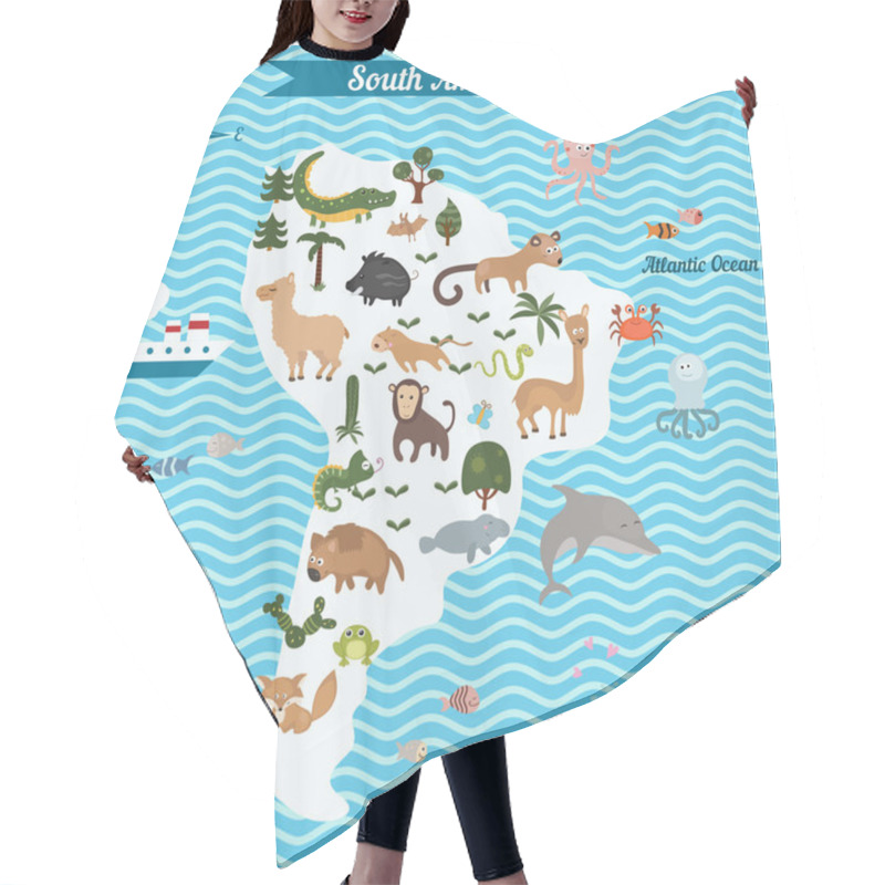 Personality  Cartoon Map Of South America Continent With Different Animals. Hair Cutting Cape