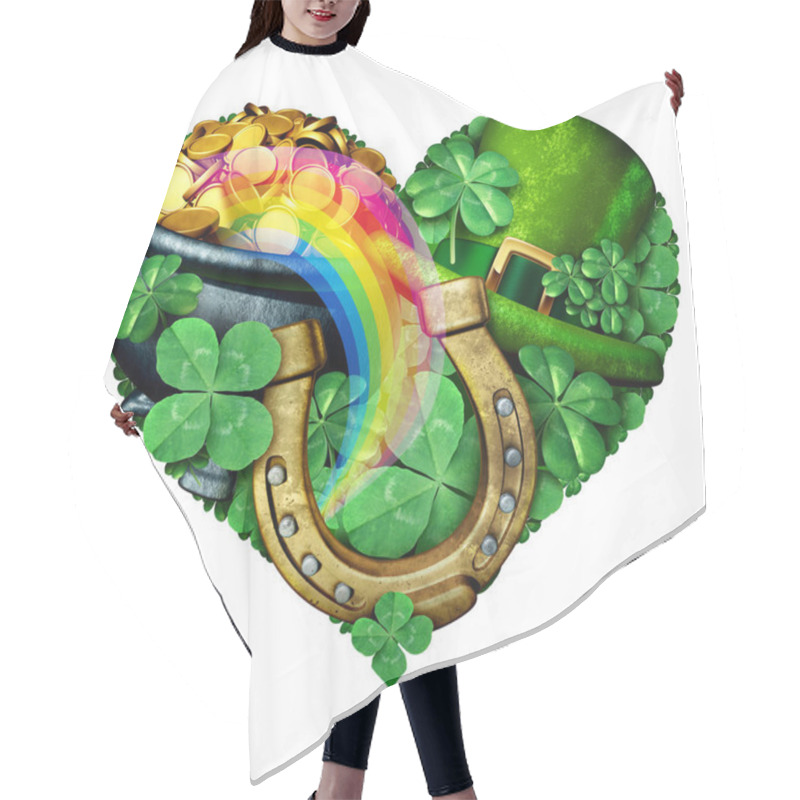 Personality  Saint Patricks Day Love With Lucky Charms As Green Shamrock And A Horse Shoe As A Clover Leaf Shaped As A Heart As A St Patrick Celebration Symbol And Seasonal Spring Icon Of Irish Tradition Celebration With 3D Render Elements. Hair Cutting Cape