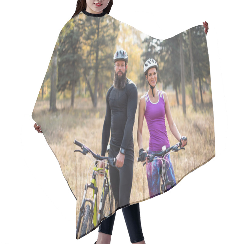 Personality  Couple Of Cyclists In Autumn Park Hair Cutting Cape