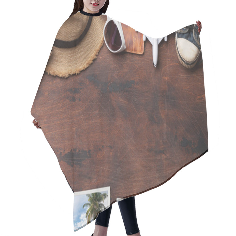 Personality  Travel Vacation Background Concept With Sunglasses, Hat, Camera, Passport, Airplane Toy And Weekend Photos On Wooden Backdrop. Top View With Copy Space. Flat Lay. All Photos Taken By Me Hair Cutting Cape