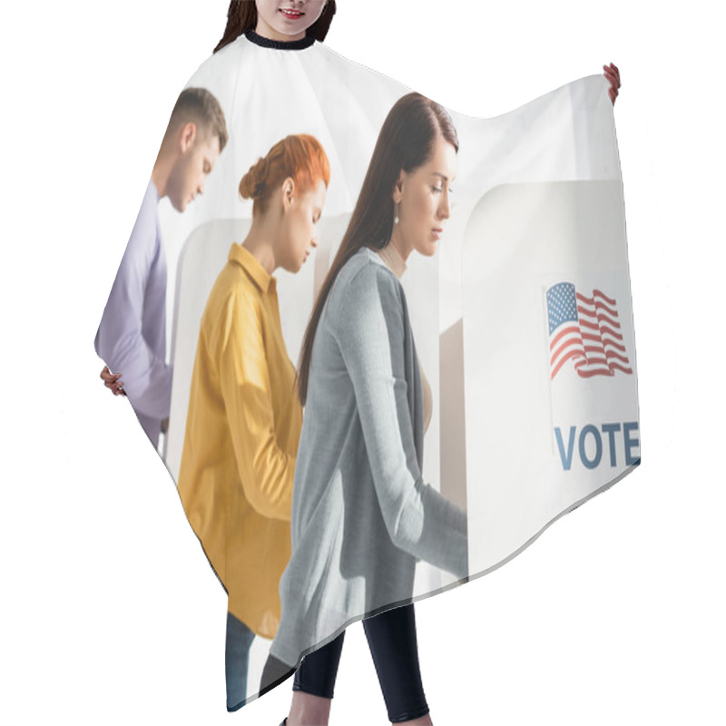 Personality  Voters In Polling Cabins With American Flag And Vote Lettering On Blurred Background Hair Cutting Cape