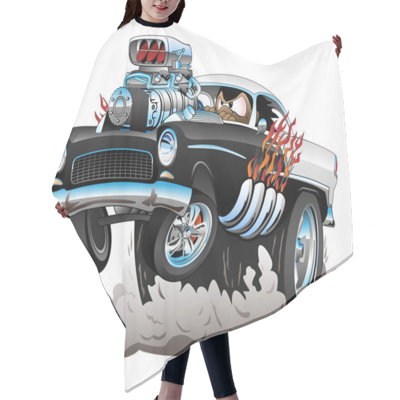 Personality  Classic American Fifties Style Hot Rod Funny Car Cartoon With Big Engine, Flames, Smoking Tires, Popping A Wheelie, Vector Illustration Hair Cutting Cape