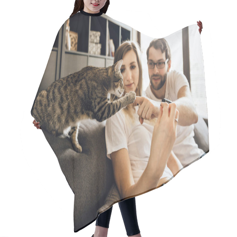 Personality  Happy Family Playing With Adorable Cat On Sofa. Romantic Couple In An Embrace With Gray Black Cat Hair Cutting Cape