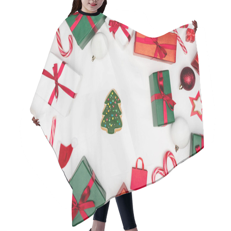 Personality  Top View Of Gingerbread Christmas Tree Surrounded By Gift Boxes And Baubles On White Background Hair Cutting Cape