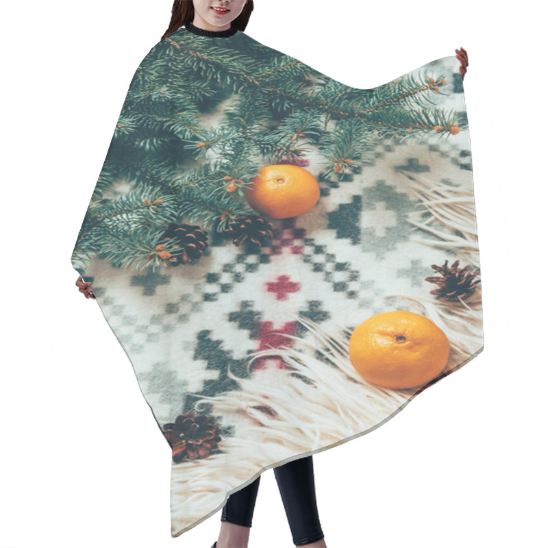 Personality  Top View Of Pine Tree Branches, Pine Cones And Fresh Tangerines On Blanket Backdrop Hair Cutting Cape