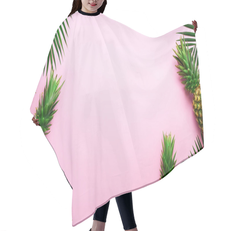 Personality  Pineapples And Tropical Palm Leaves On Punchy Pastel Pink Background. Summer Concept. Creative Flat Lay With Copy Space. Top View Hair Cutting Cape