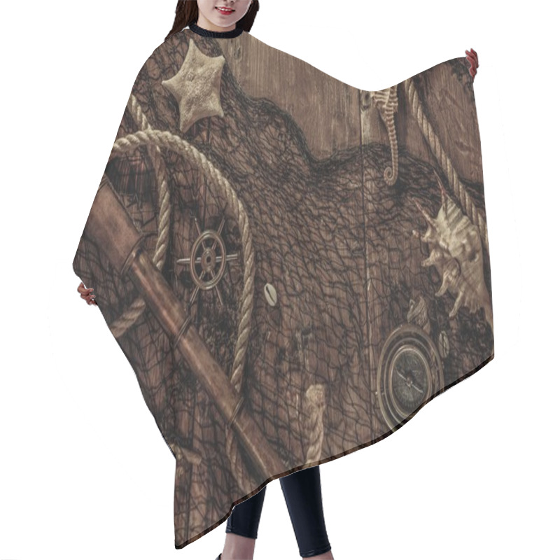 Personality  Sea Concept On A Wooden Table Background  Hair Cutting Cape