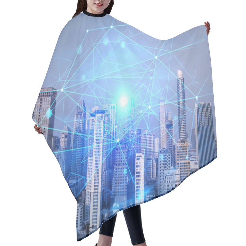 Personality  Hologram Of Abstract Technology Glowing Icons, Panoramic Cityscape Of Bangkok At Sunset, Asia. The Concept Of Worlds Technological Changes. Double Exposure. Hair Cutting Cape