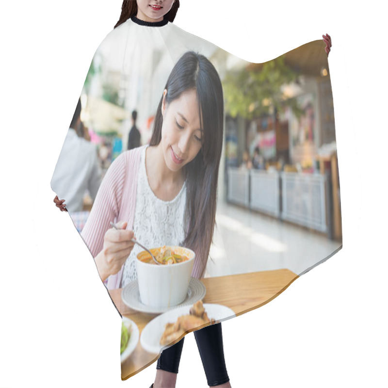 Personality  Woman Having Food At Restaurant  Hair Cutting Cape