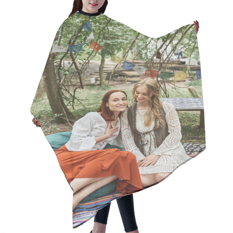 Personality  Positive Redhead Woman In Boho Styled Clothes Sitting Near Friend On Meadow In Retreat Center Hair Cutting Cape