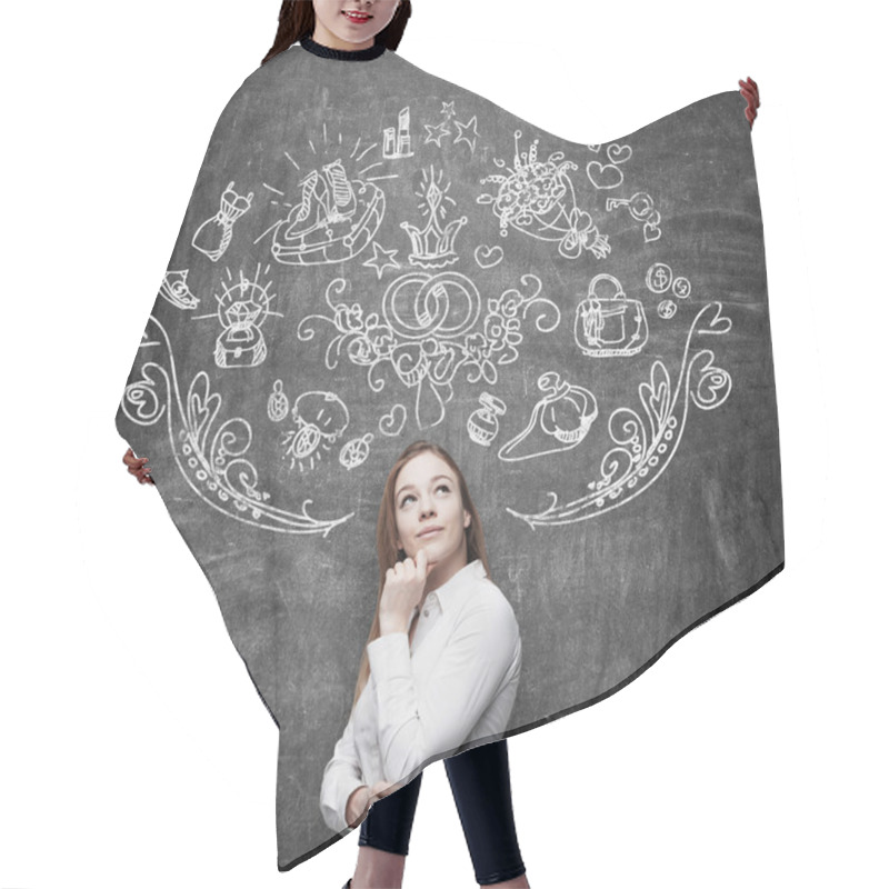 Personality  Young Woman Is Dreaming About Sopping. Shopping Icons Are Drawn On The Black Chalkboard. Hair Cutting Cape