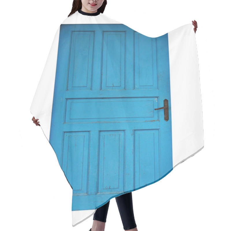 Personality  Old Blue Painted Wooden Door Isolated Over White Background Hair Cutting Cape