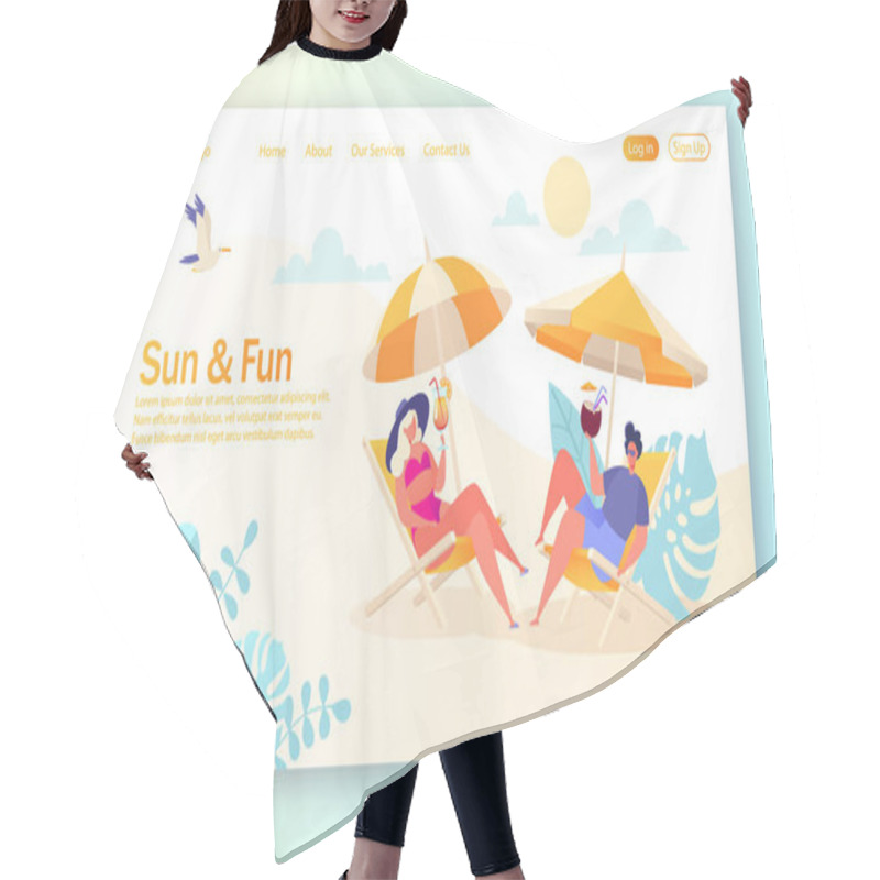 Personality  Concept Of Landing Page On Summer Vacation Theme. Outdoor Activity And Rest On The Beach.  Hair Cutting Cape