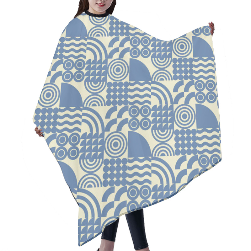 Personality  Seamless Pattern Of  Simple Blue Geometric Elements On Milky White Background. Bauhaus Style Surface Design For Graphic Design, Printing And Decoration. Hair Cutting Cape