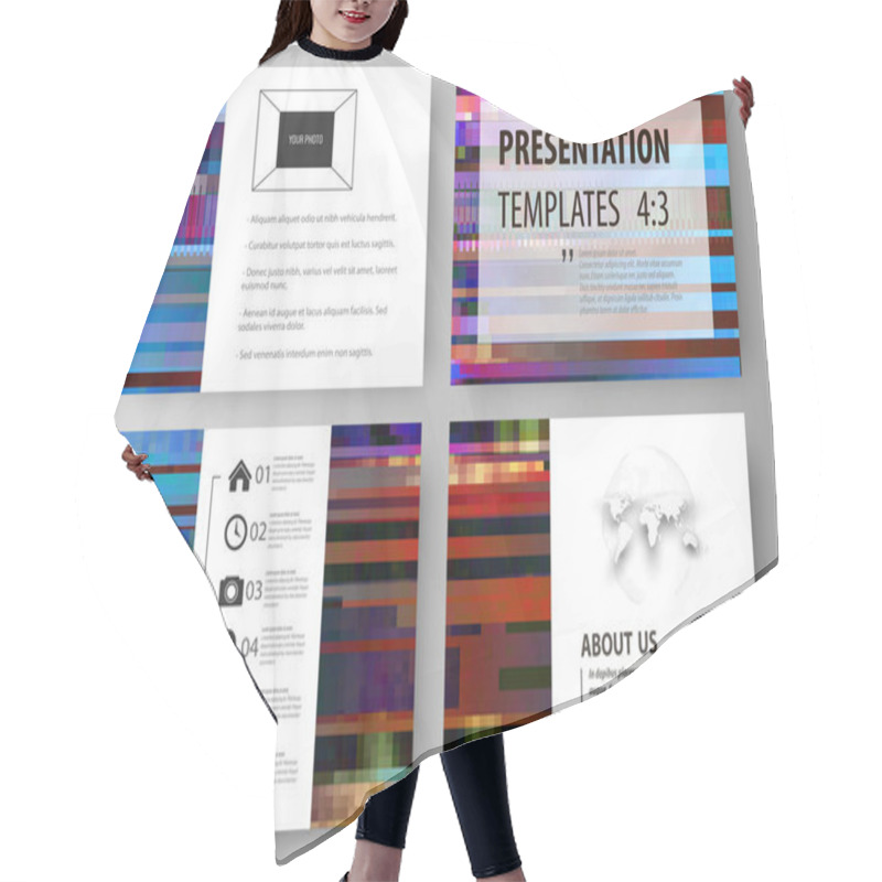 Personality  Business Templates For Presentation Slides. Abstract Layouts In Vector Design. Glitched Background Made Of Colorful Pixel Mosaic. Digital Decay, Signal Error, Television Fail. Trendy Glitch Backdrop. Hair Cutting Cape